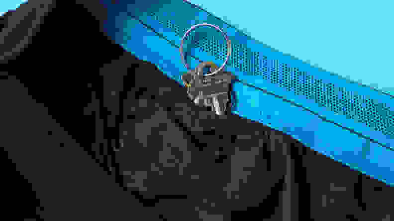 A pair of keys is visible in an interior pocket of the Janji running shorts.