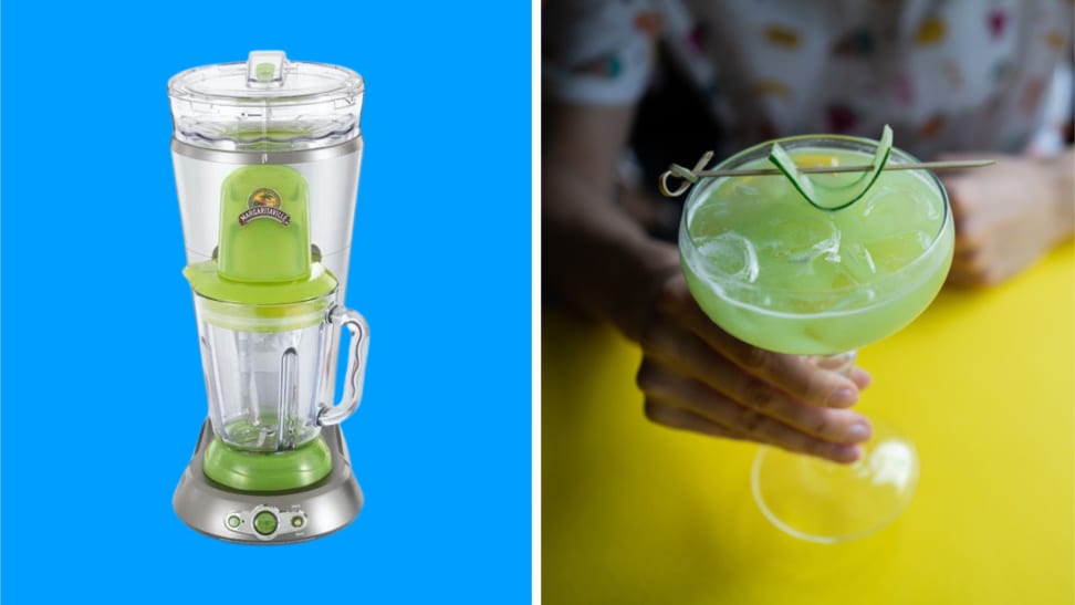 A Margaritaville Bahamas Frozen Concoction Maker in front of a colored background next to someone holding a margarita.