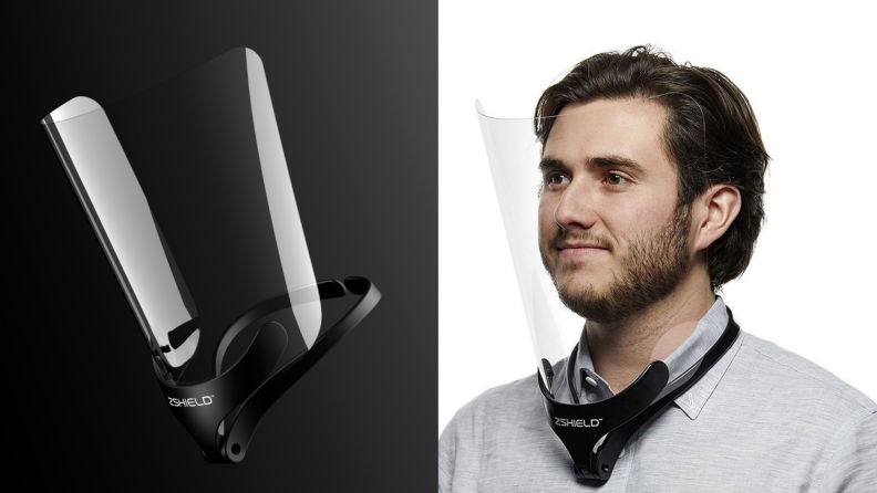 On left, product shot of neck mount face shield against a black background. On right, man wearing gray button-down shirt and black and clear neck mount face shield.