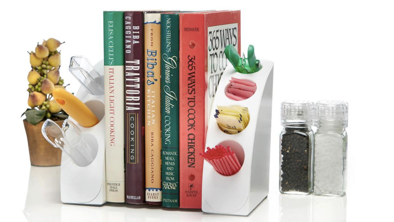 Bookends with compartments holding utensils and sugar packets