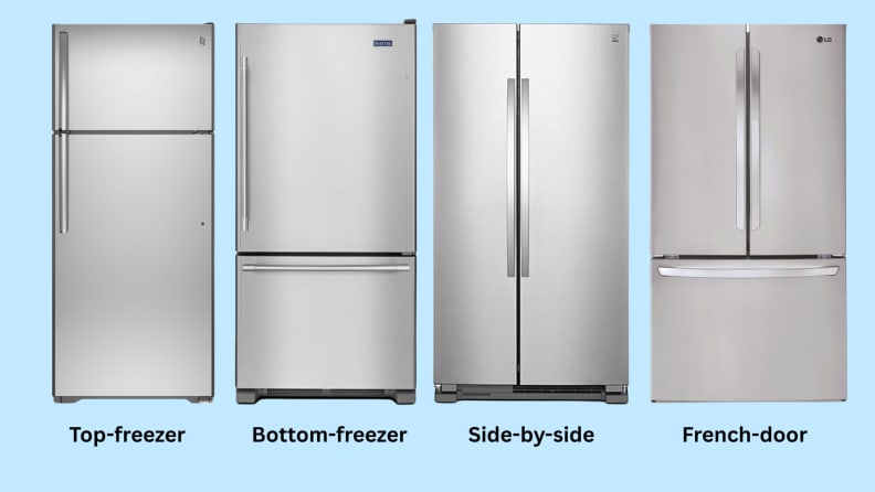 A top-freezer refrigerator, a bottom-freezer refrigerator, a side-by-side refrigerator, and a French-door refrigerator stand next to each other on a light blue background