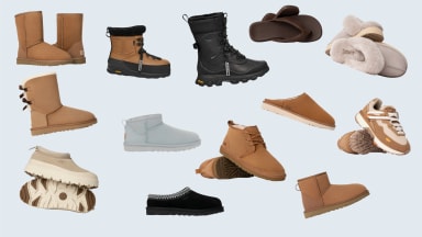 13 pairs of Ugg shoes silhouetted on a light blue background