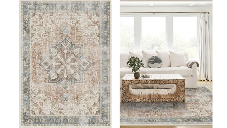 Two images of a distressed Persian style rug
