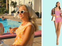 A still from the Apple TV+ series ‘Palm Royale’ featuring Kristen Wiig in costume, also a model wearing a ‘60s-inspired bikini.