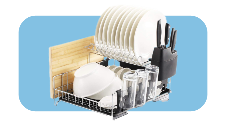 Dish rack with assorted dishes arranged inside.