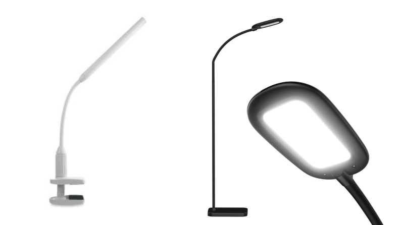 On the left, a white table lamp with clamp. On the right, a black LED light.