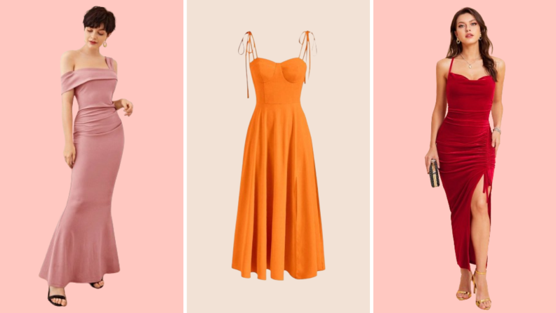 Three dresses, a pink strapless gown, an orange midi dress, and a red form-fitting dress with a leg slit.