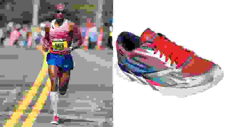 Runner Meb Keflezighi racing at the 2014 Boston Marathon wearing his namesake shoe, the Skechers GOmeb Speed 3.
