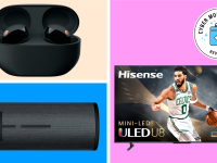 Various discounted Best Buy products on a colorful background.