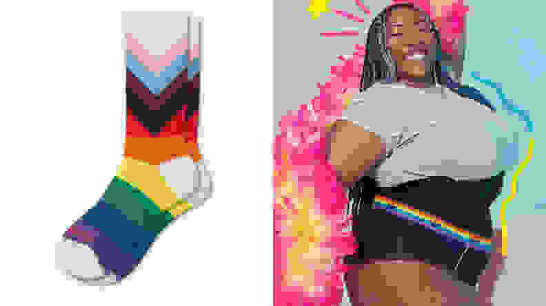 A human in a pink feather boa, wearing a t-shirt, underwear, corset, and a pair of Bombas Pride-themed socks.