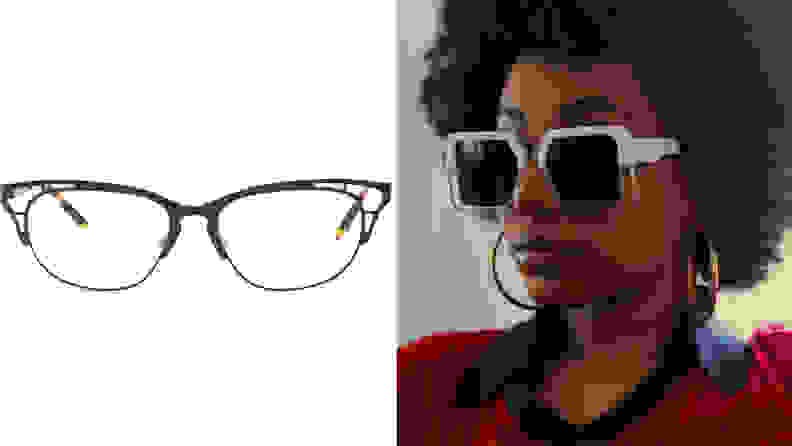 A pair of glasses and a human wearing sunglasses, both from Coco And Breezy Eyewear.