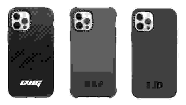three different personalized Casetify Phone Cases (black, olive green, and brown).