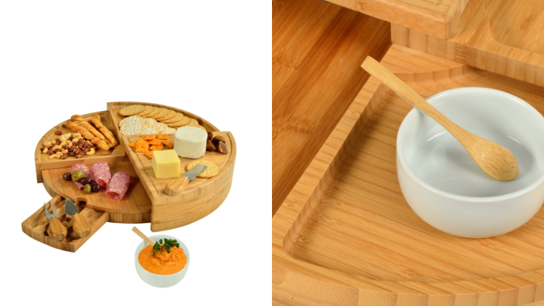 On left, wooden charcuterie board covered in assorted snacks. On right, close up product shot of wooden charcuterie board with tiny spoon.