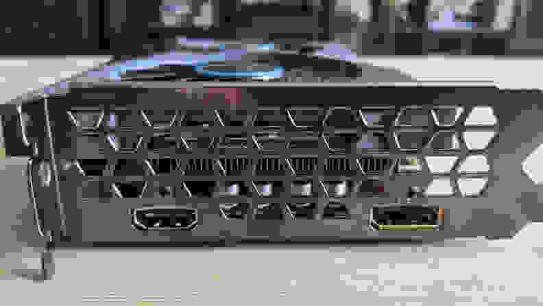 A side view of a desktop graphics card's display ports