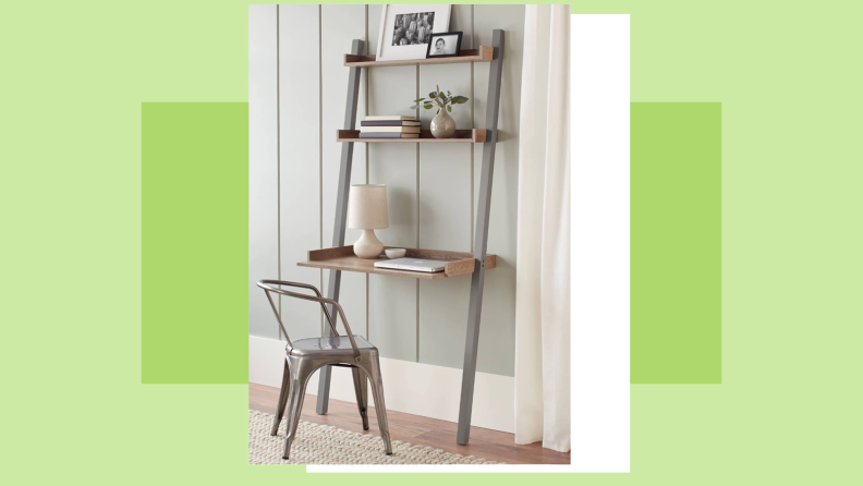 Leaning desk and chair placed against wall in residential home.