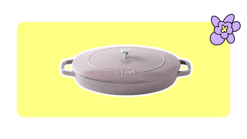 A Staub cast-iron gratin dish in lilac.