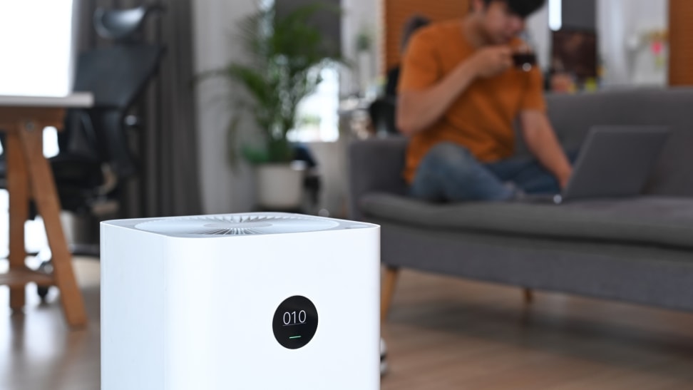 A person hanging out in a living room while an air purifier is functioning.