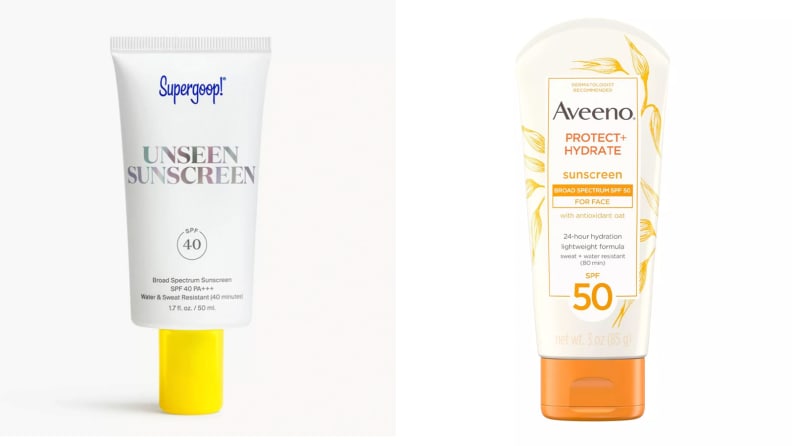 A photo of the Supergoop Unseen Sunscreen and the Aveeno Protect + Hydrate Sunscreen Lotion.
