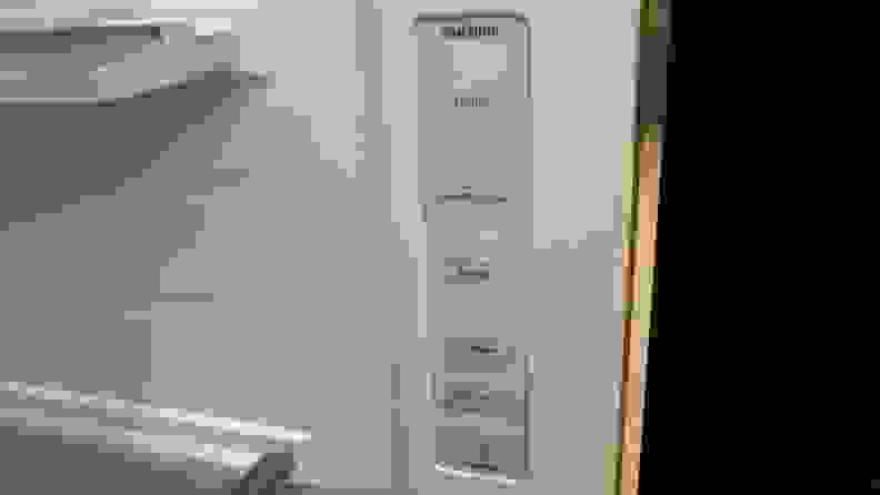 Temperature adjustment panel on the inside of the Samsung RS28CB7600 side-by-side Bespoke refrigerator.