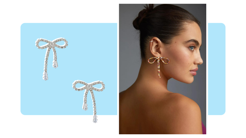Two pairs of crystal, bow-shaped earrings: One with white crystals, and the other with multicolored crystals.