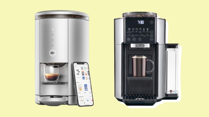 On left, product shot of the Spinn espresso machine. On right, product shot of the De'Longhi TrueBrew espresso machine.