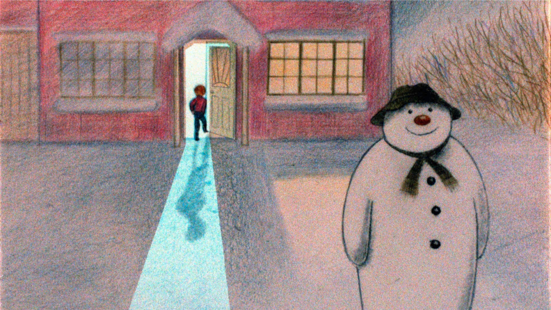 A crayon-styled snowman smiles warmly from in front of a warmly-lit red house on a snowy day, from 1982's animated television film based on 1978;s picture book The Snowman.