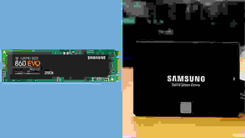 Left: the Samsung 860 EVO in an M.2 form factor. Right: the same thing in a 2.5-inch drive