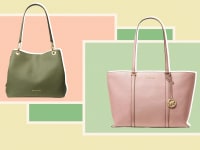 A photo collage of a green Large Leather Tote and a pink Large Leather Tote.