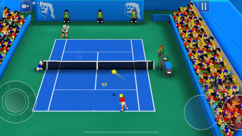 A screenshot of a singles match in the Tennis Champs game, showing the player's character serving the ball to the opponent.