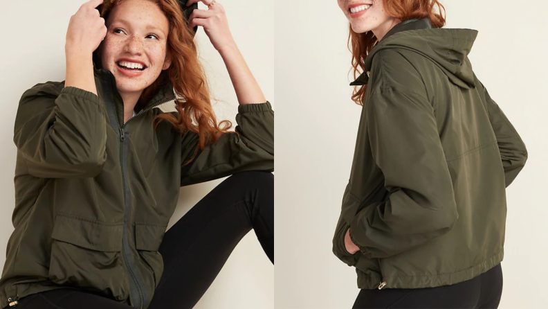 Two images of a woman in the same green rain jacket.
