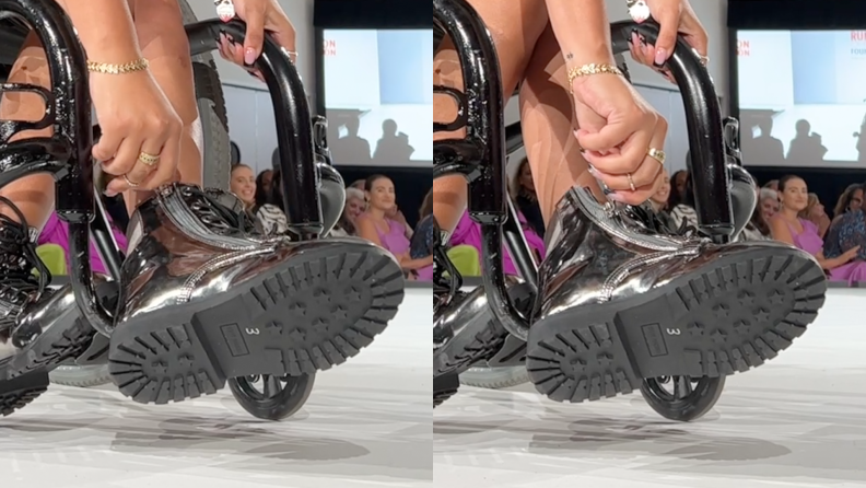 A split-image close-up of boots worn by a model at the Runway of Dreams fashion show in New York City.