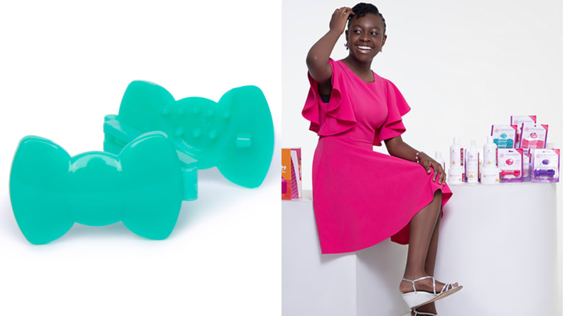 On the left: A pair of turquoise hair clips shaped like bows. On the right: A photo of Gabby Goodwin with her products.