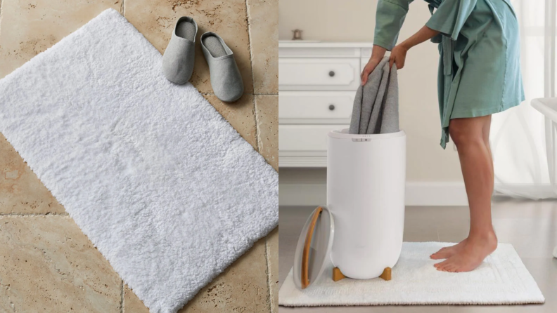 A white bath mat and a towel warmer.