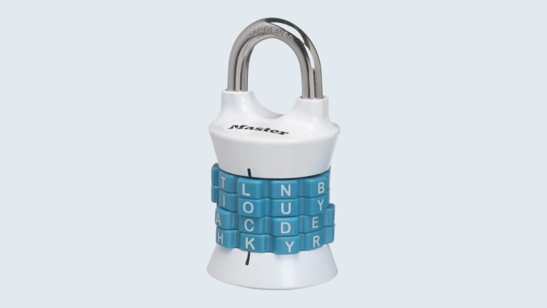 Master Lock Word Combination Lock against a light blue background