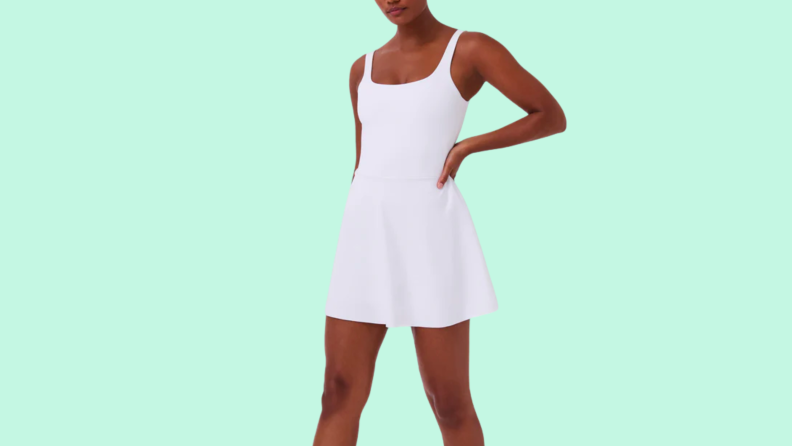 Woman in white Square Neck Tank Dress.