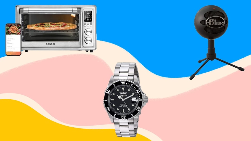 A toaster oven, watch, and microphone against a colorful background.