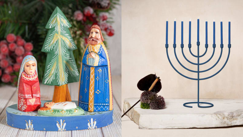 A nativity and menorah in holiday displays.