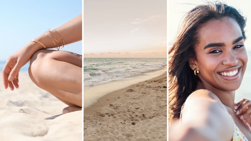 On left, person wearing gold jewelry on wrist while sitting on the beach sand. In middle, beach shore as dusk. On right, person smiling while wearing gold jewelry.