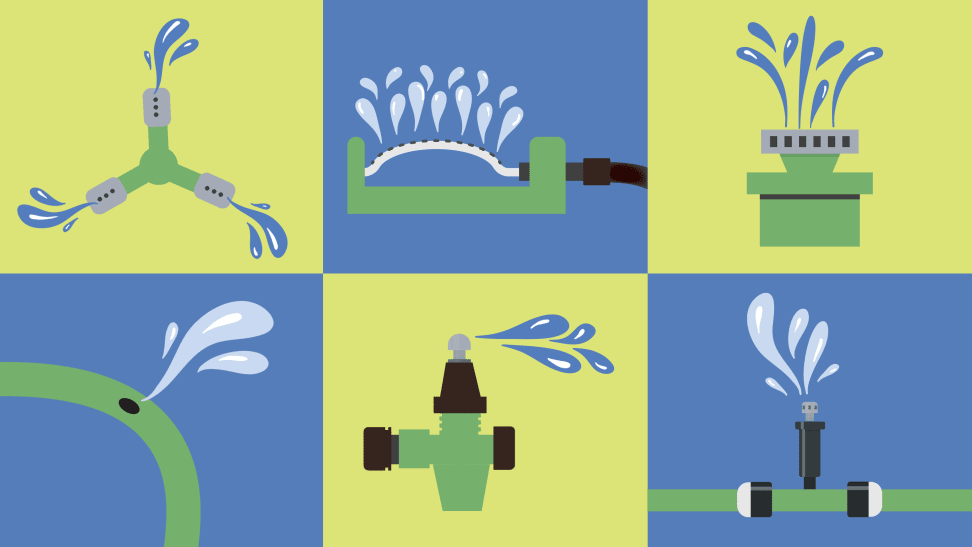 A collage of sprinkler illustrations showcasing the various types of water spray patterns