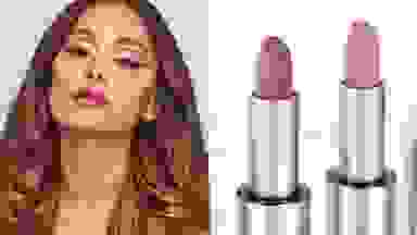 On the left: Ariana Grande looking at the camera. On the right: Two lipsticks uncapped.