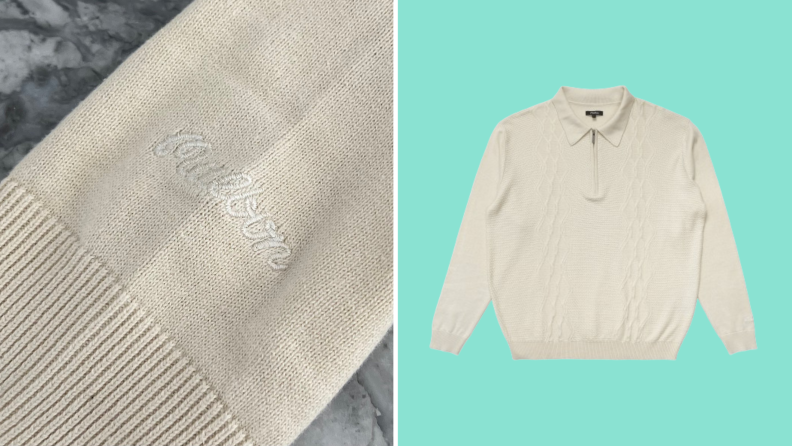 A white long-sleeved knit polo, as well as a close-up shot of the sleeve that reads “Malbon.”