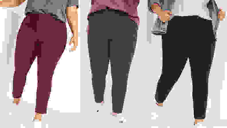 Various close ups of legs wearing different colored pixie pants