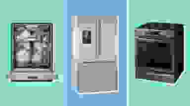 A collage showing off a dishwasher, a refrigerator and an oven.