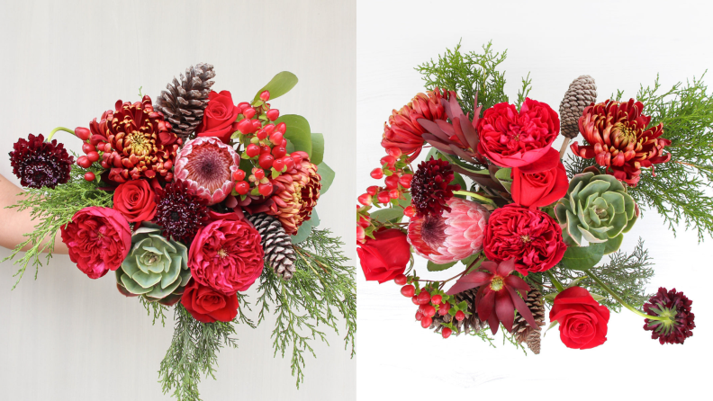 Bouquet of red, burgundy and pink flowers.