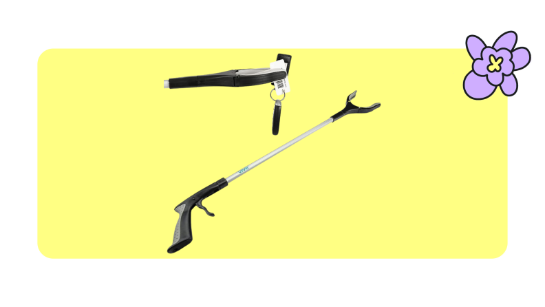 Vive reacher grabber tool extended and folded on a yellow background