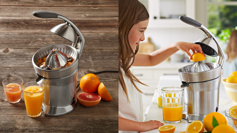 Left: A Breville citrus press and a glass of orange juice. Right: A young girl making lemonade with a citrus press.