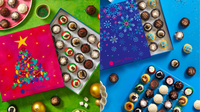 Two images of holiday cupcake boxes.