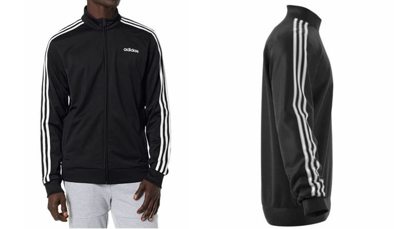 Black Adidas tricot track jacket with white stripes, side of Adidas tricot track jacket with white stripes.