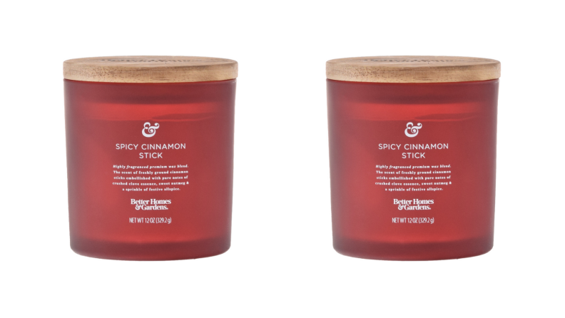 Two images of the same cinnamon scented candle sit side by side.