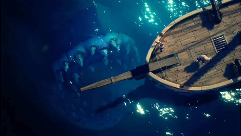A screenshot from Sea of Thieves featuring a large shark swimming up through the water toward the prow of a ship.